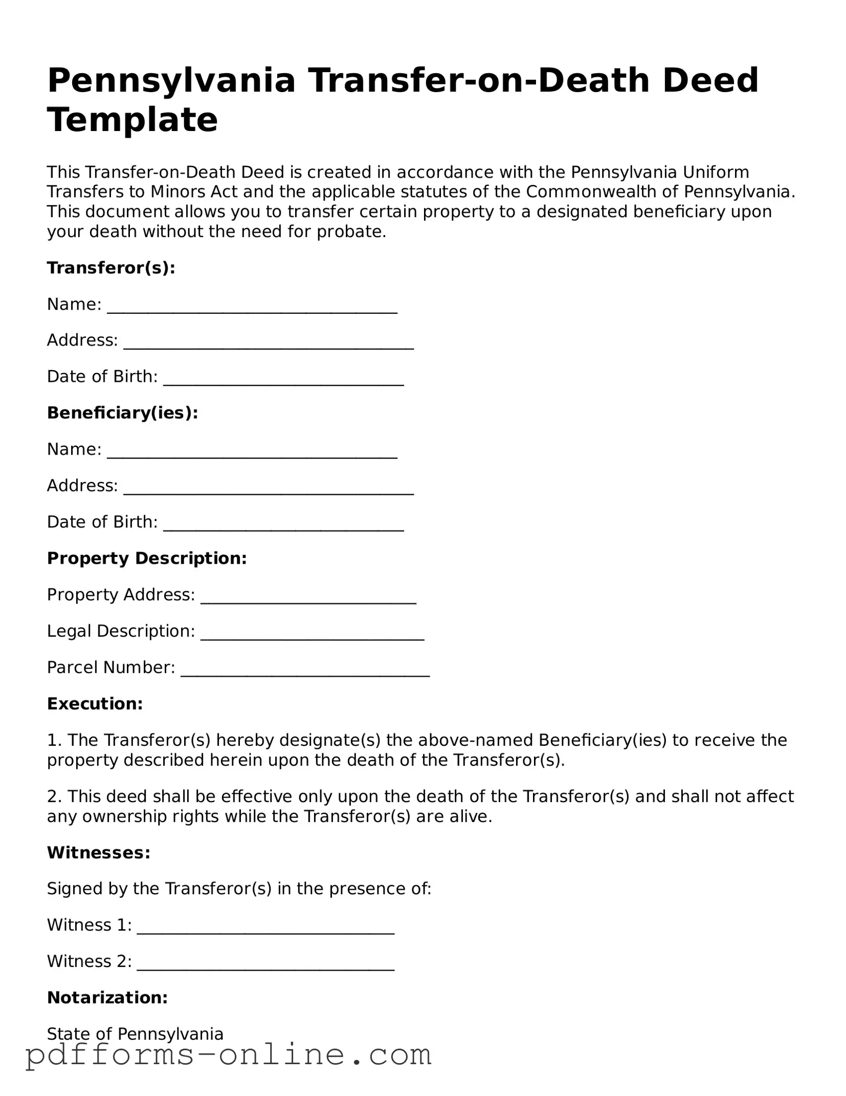 Valid Pennsylvania Transfer-on-Death Deed Template