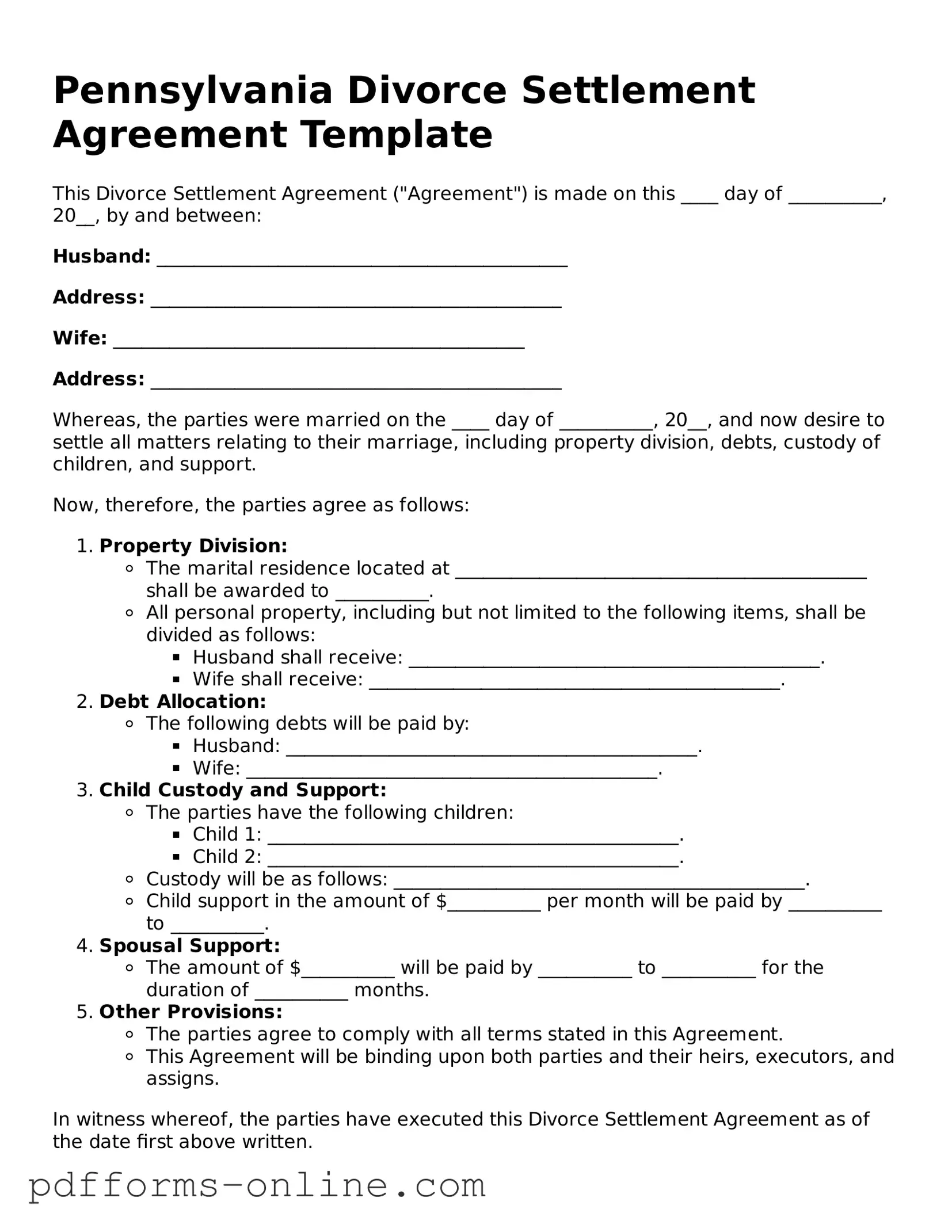 Valid Pennsylvania Divorce Settlement Agreement Template
