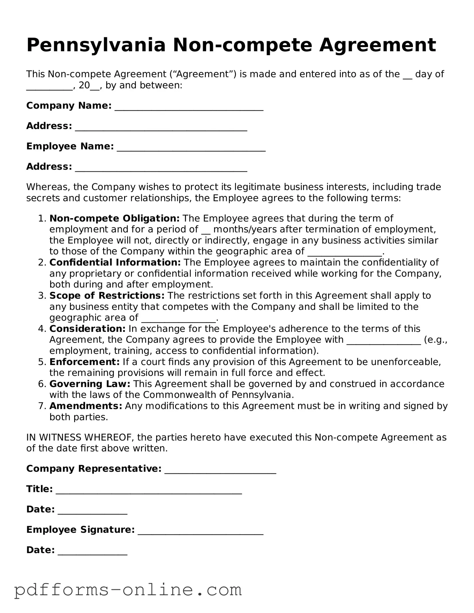 Valid Pennsylvania Non-compete Agreement Template