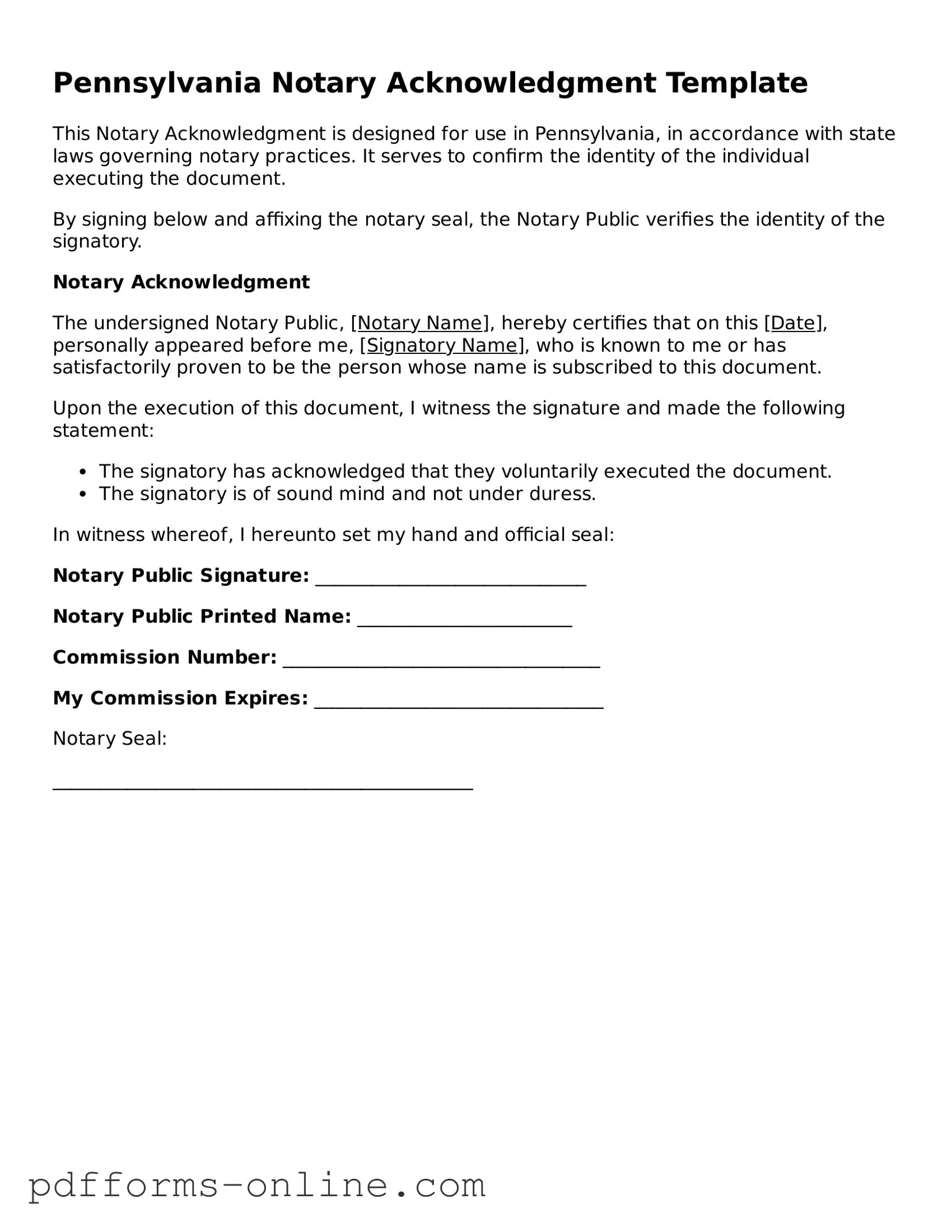 Valid Pennsylvania Notary Acknowledgement Template