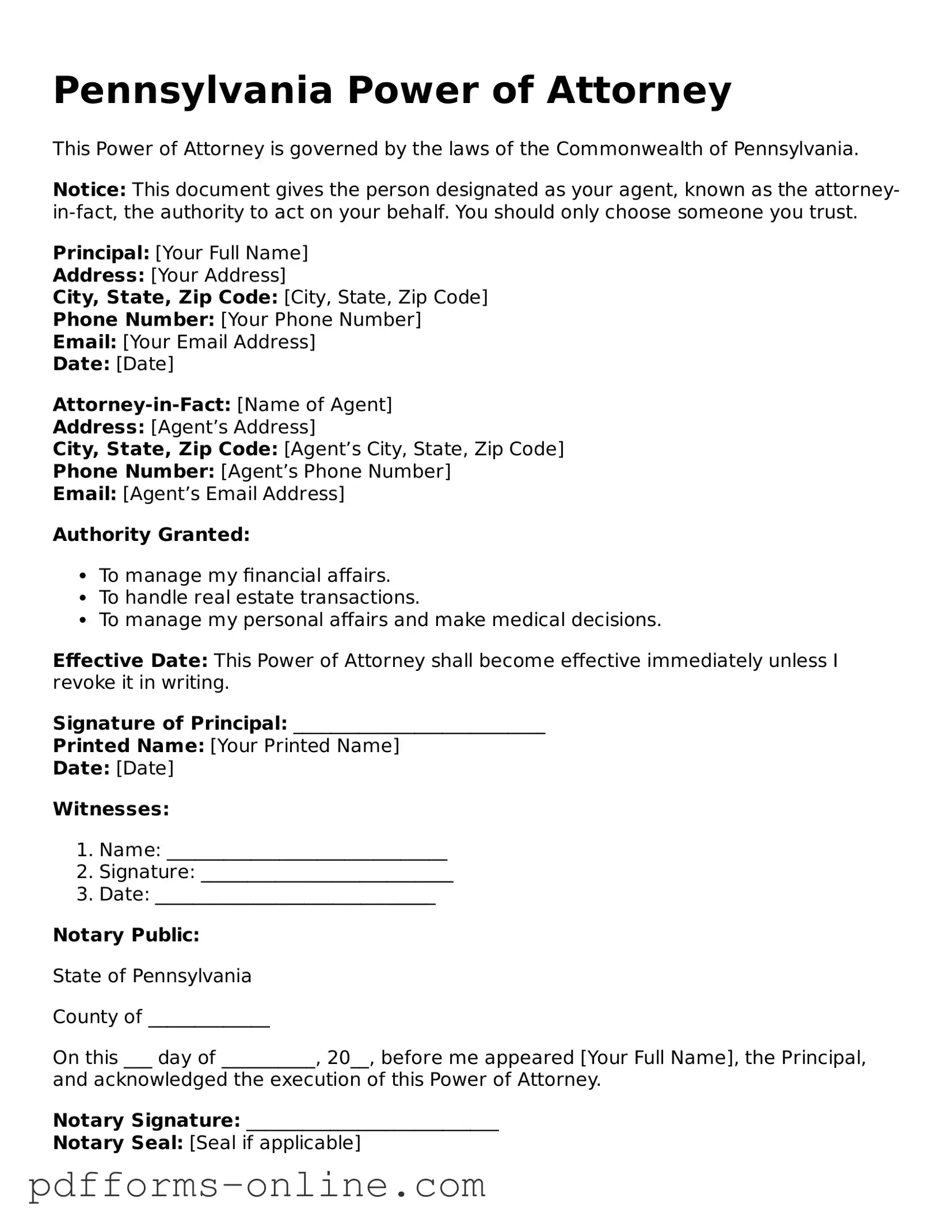 Valid Pennsylvania Power of Attorney Template