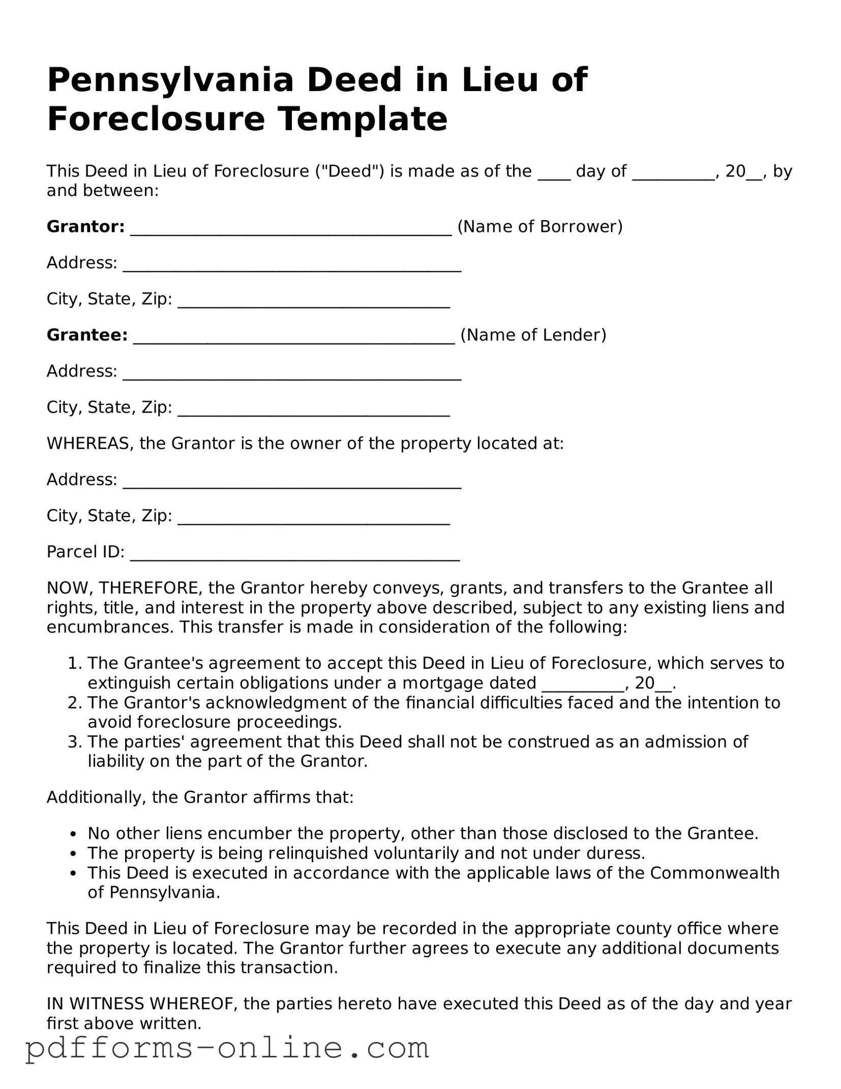 Valid Pennsylvania Deed in Lieu of Foreclosure Template