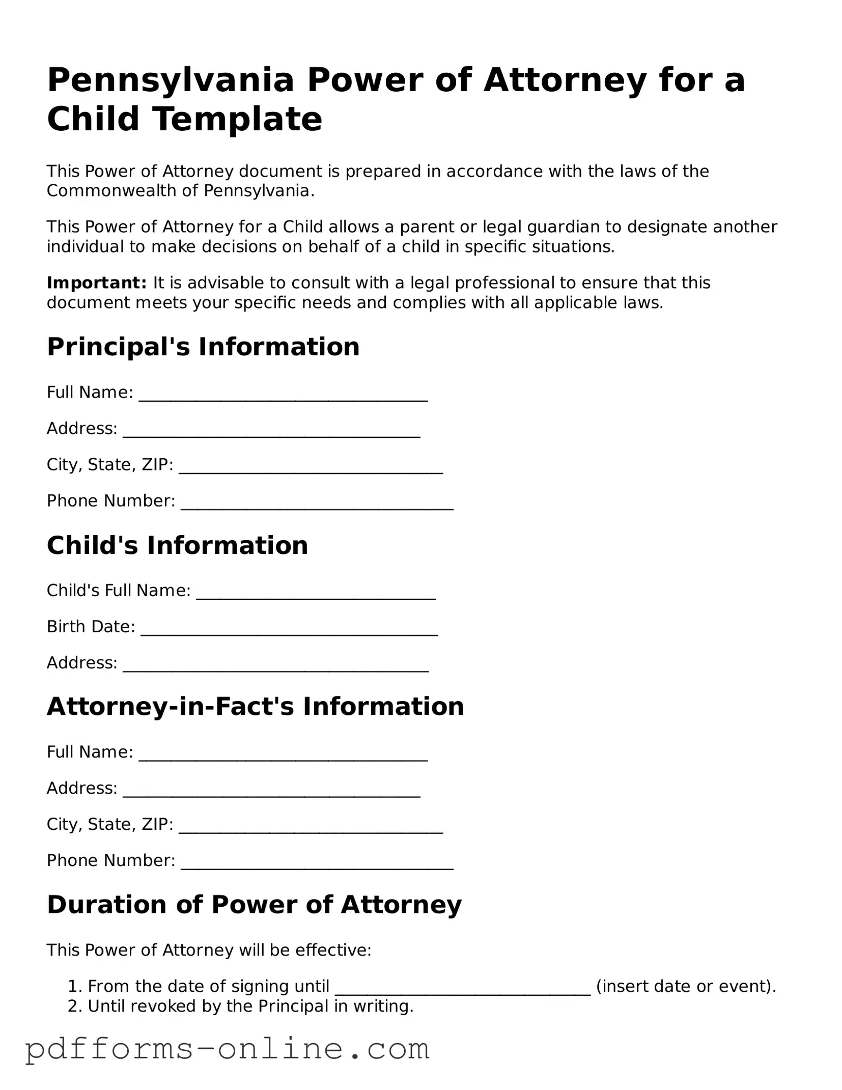 Valid Pennsylvania Power of Attorney for a Child Template