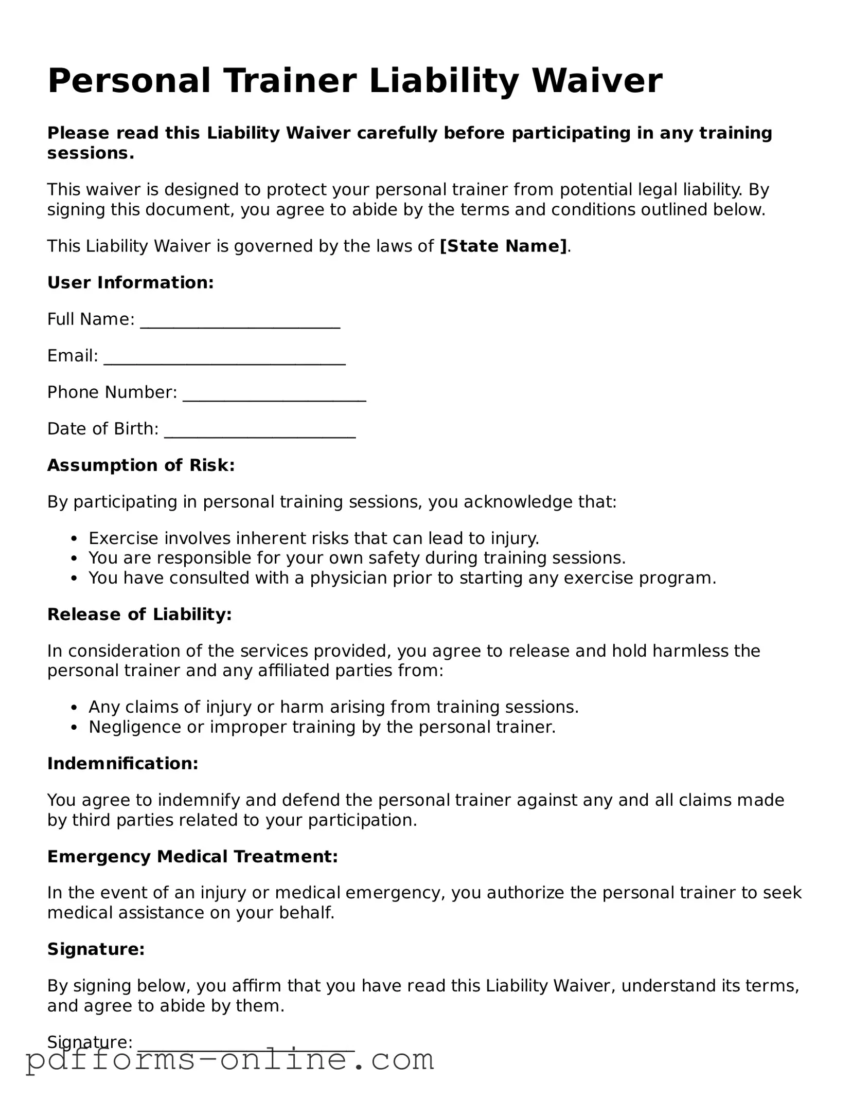 Blank Personal Trainer Liability Waiver Form