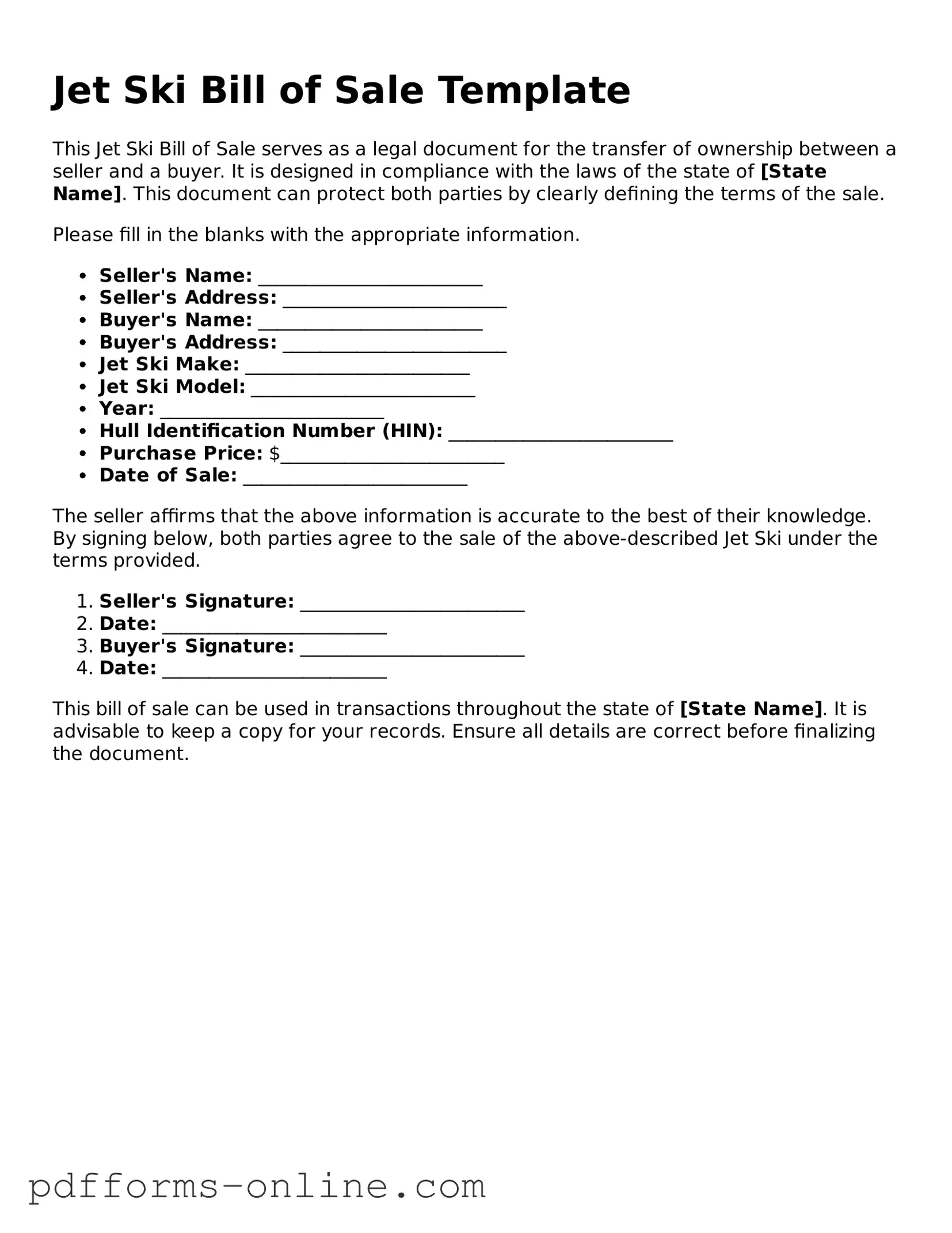 Blank Jet Ski Bill of Sale Form
