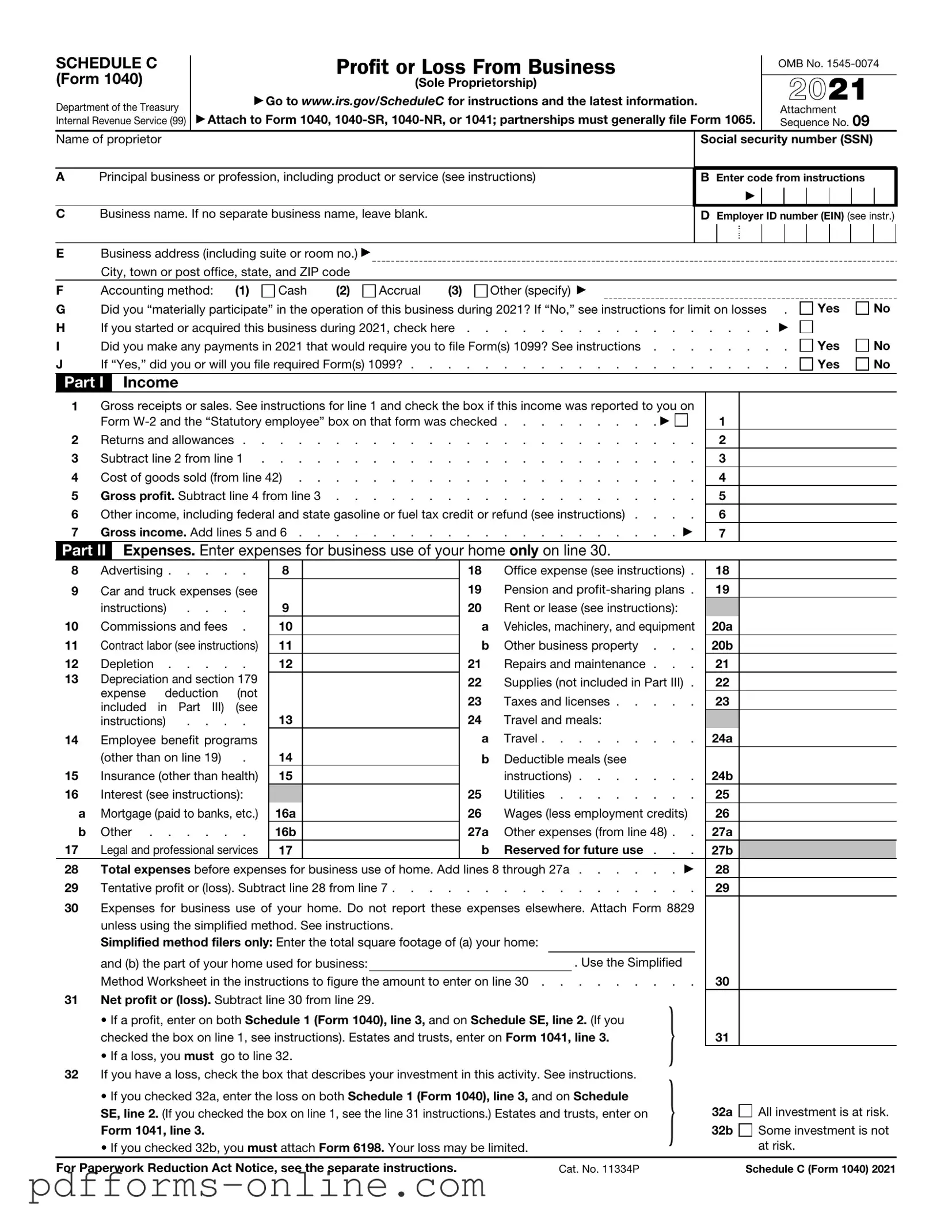 Blank IRS Schedule C 1040 Template