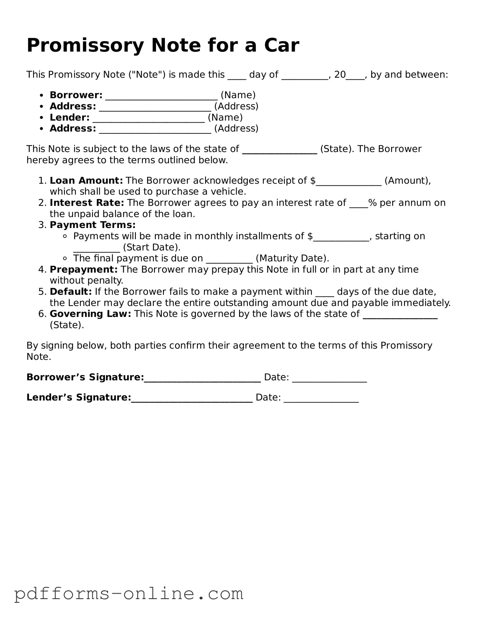 Blank Promissory Note for a Car Form