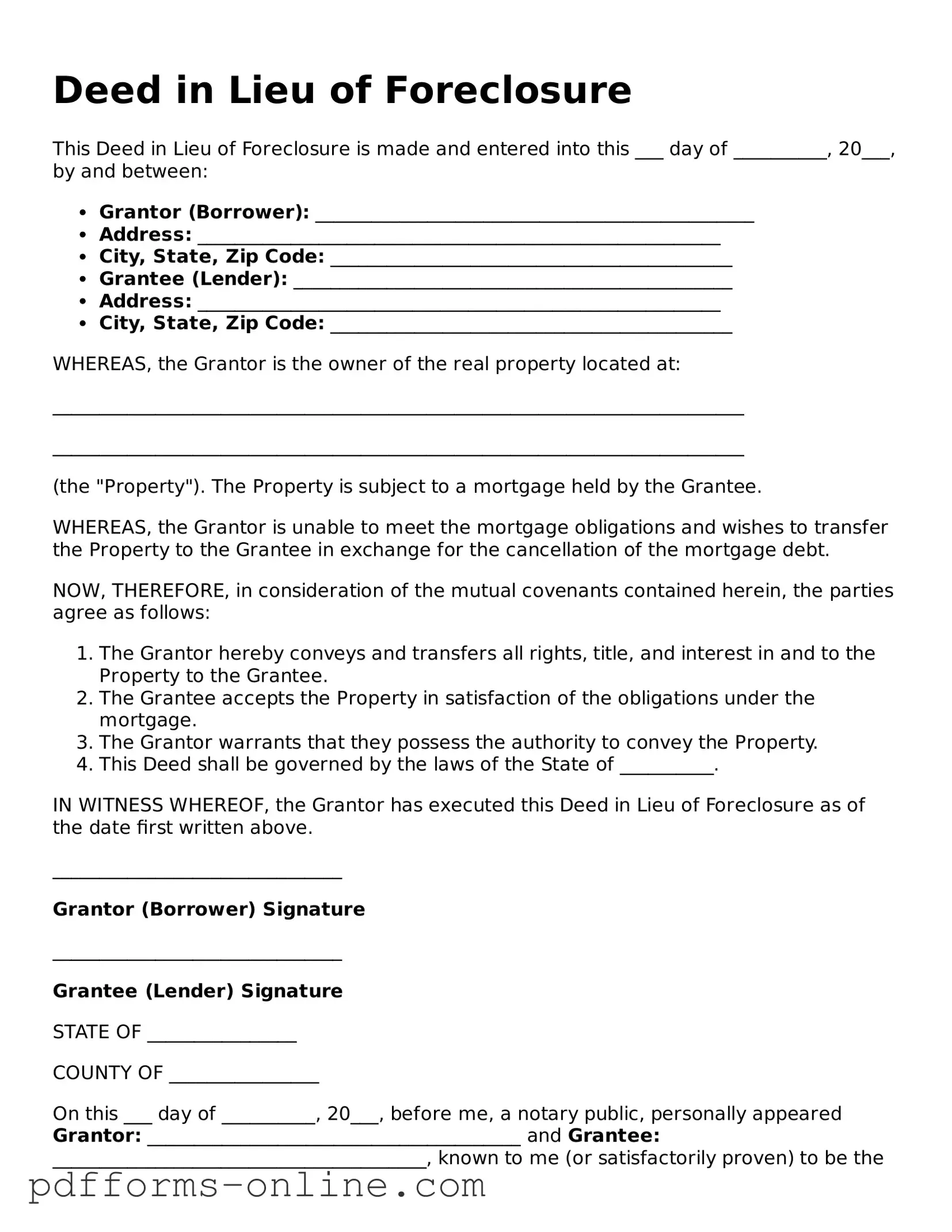 Blank Deed in Lieu of Foreclosure Form