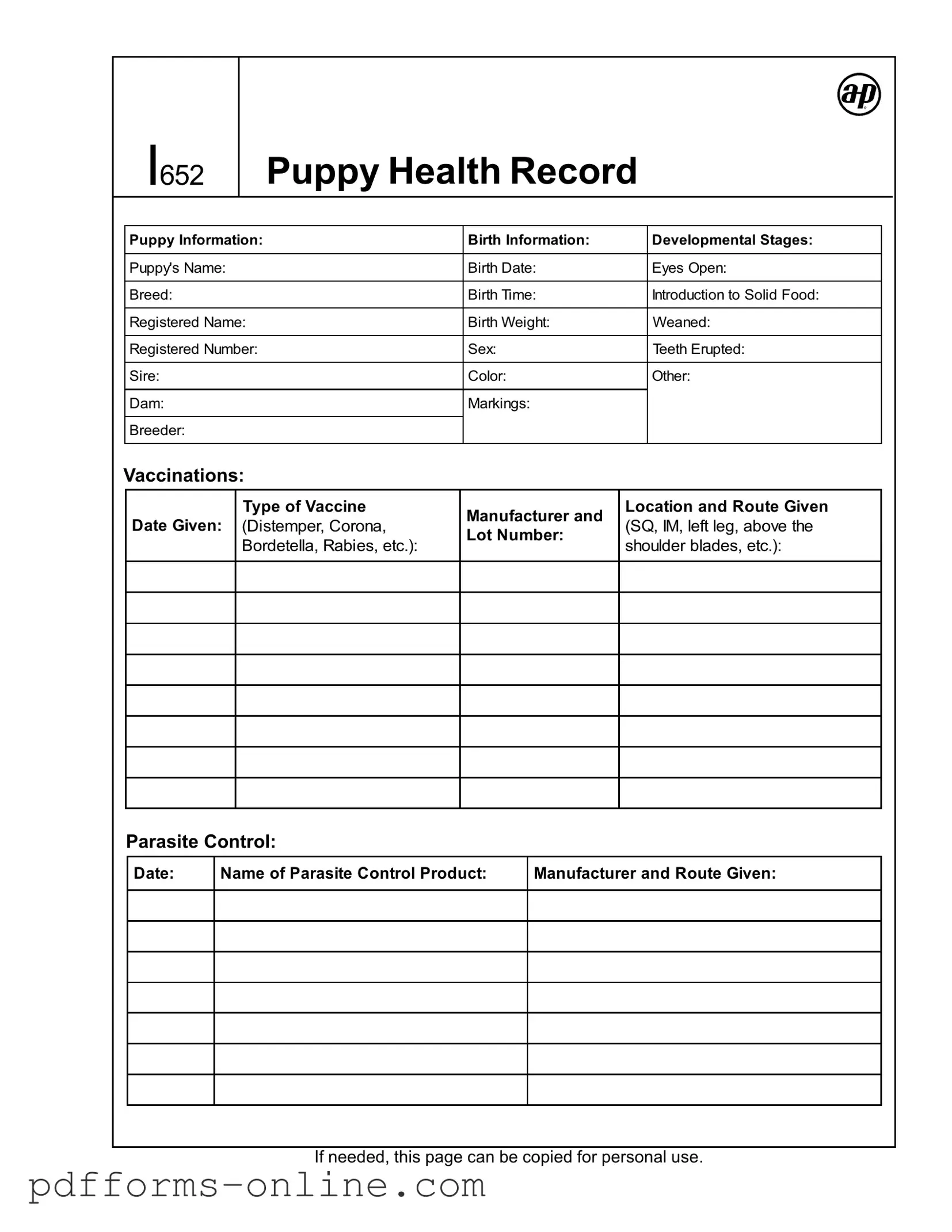 Blank Puppy Health Record Template