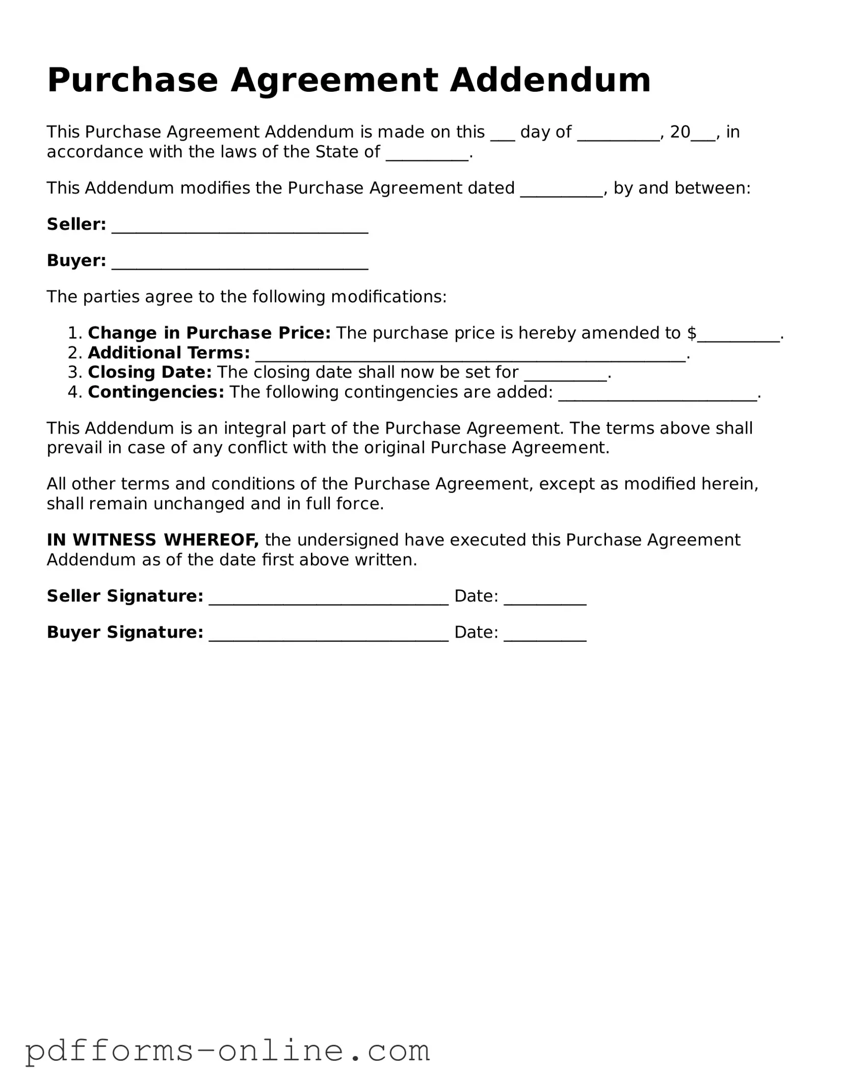 Blank Purchase Agreement Addendum Form