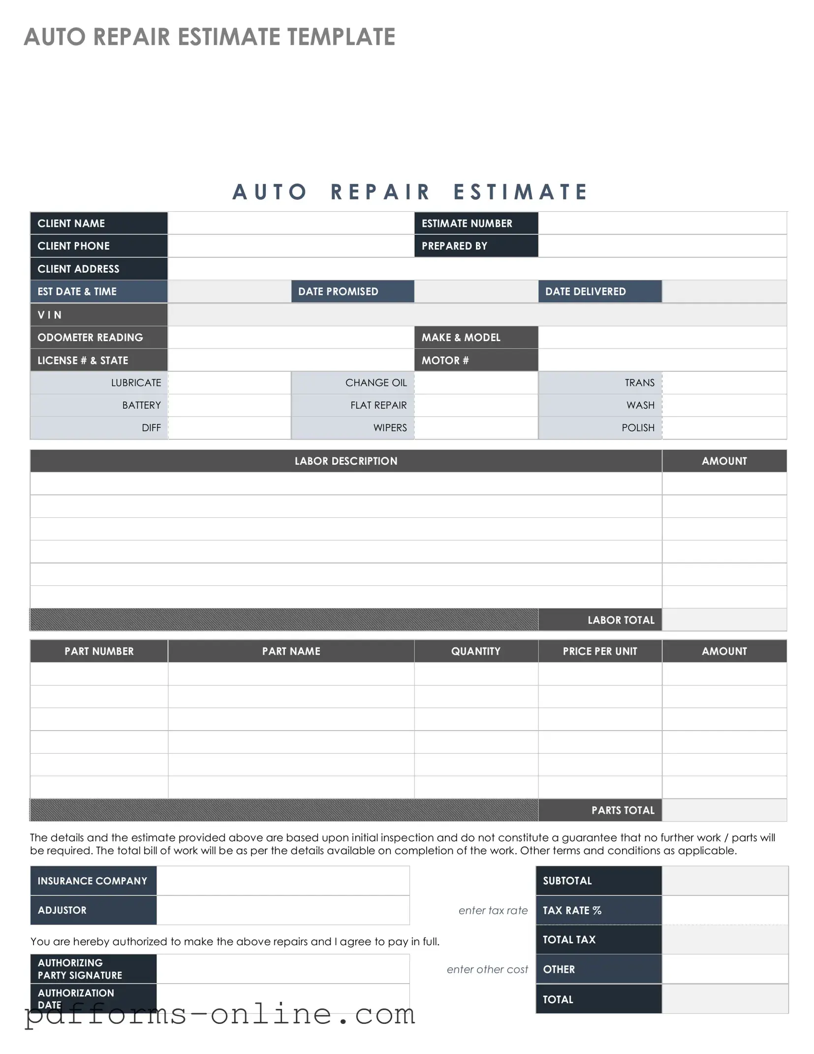 Blank Auto Repair Estimate Template