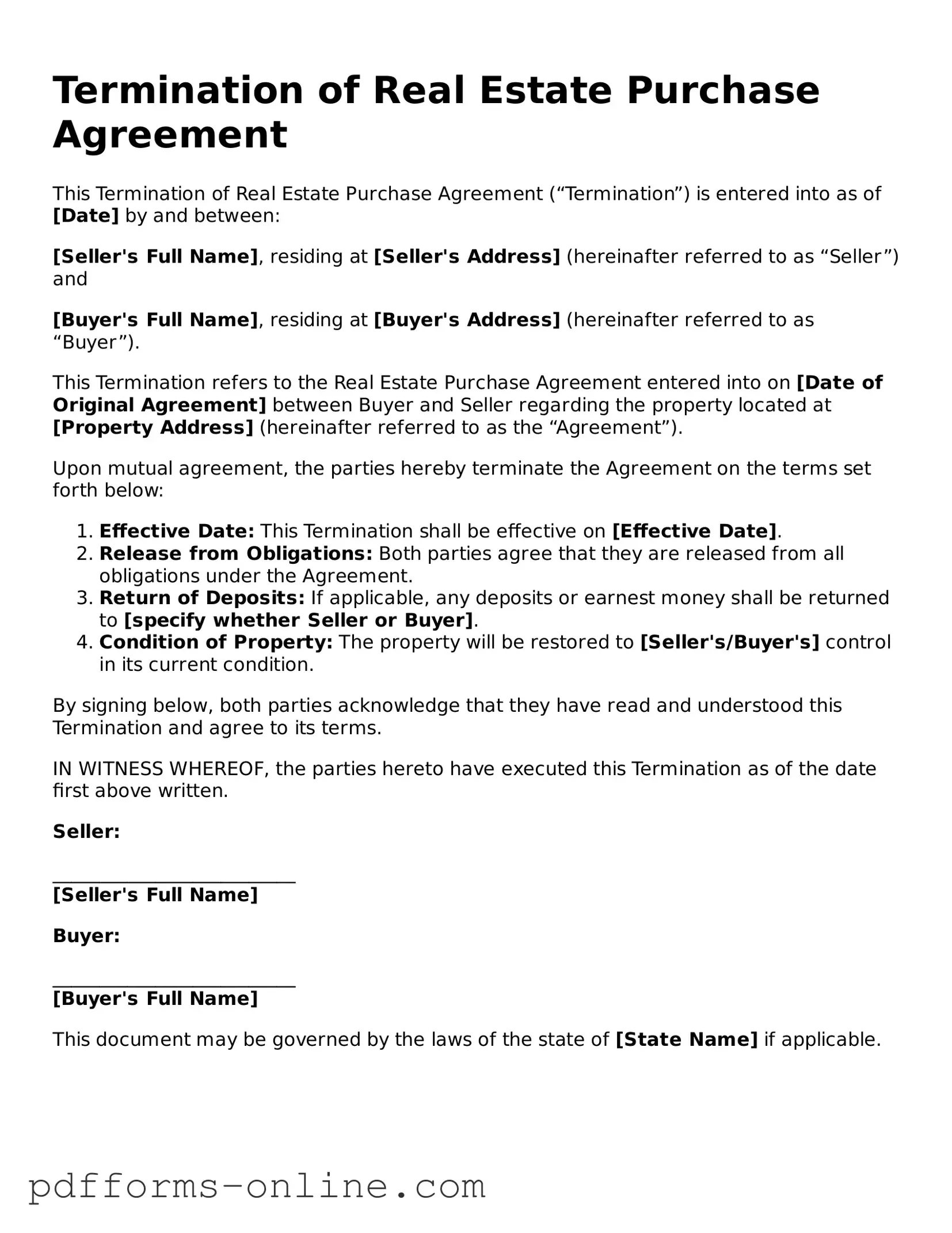 Blank Termination of Real Estate Purchase Agreement Form