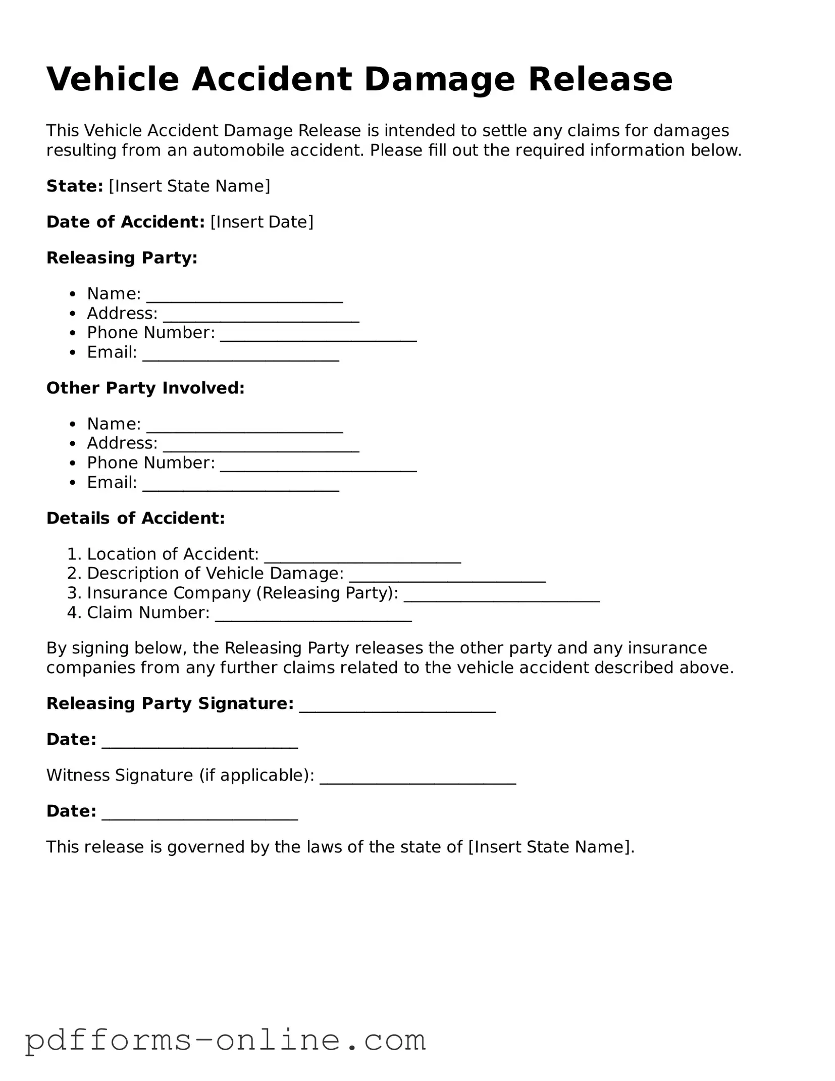 Blank Vehicle Accident Damage Release Form