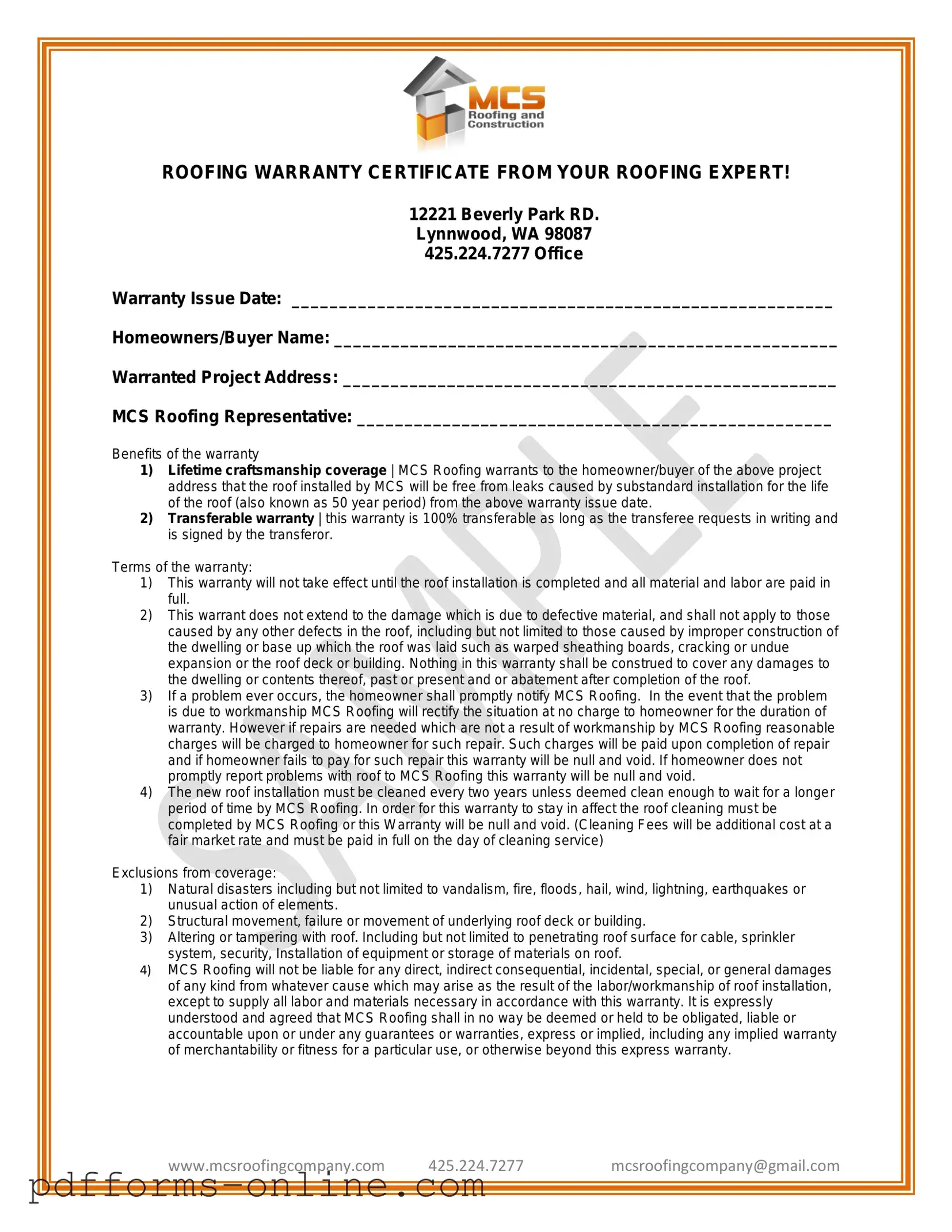 Blank Roofing Warranty Certificate Template