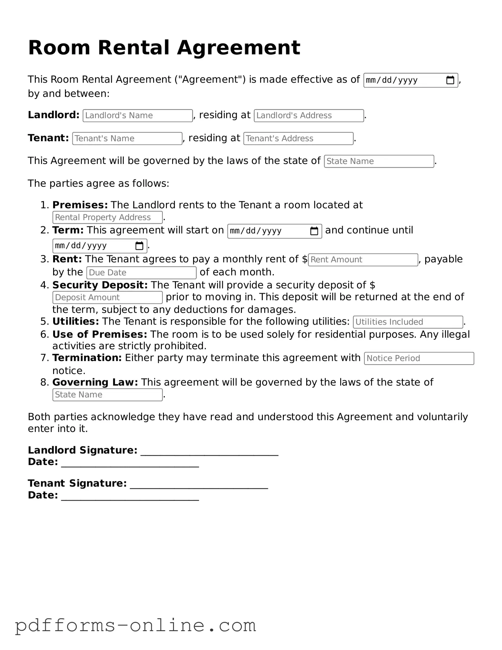 Blank Room Rental Agreement Form