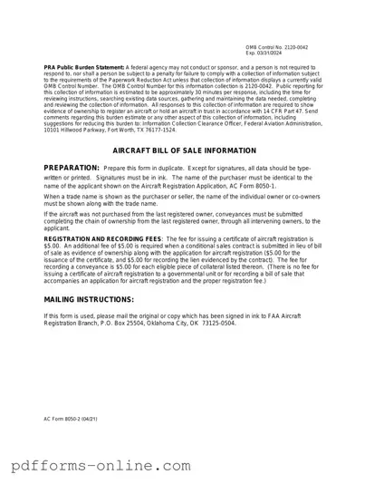 Blank Aircraft Bill of Sale AC 8050-2 Template