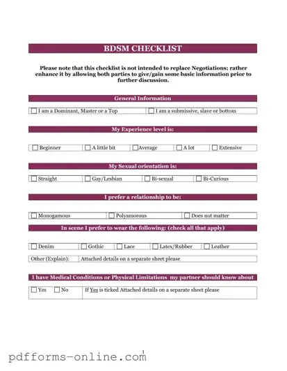 Blank Bdsm Checklist Template