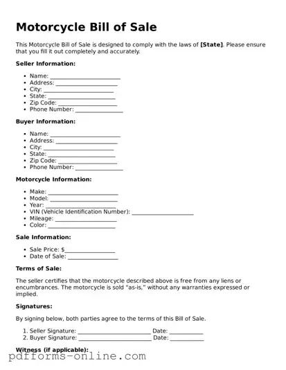 Blank Motorcycle Bill of Sale Form