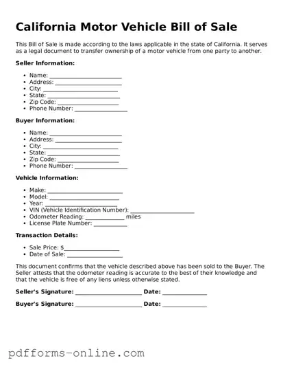Valid California Motor Vehicle Bill of Sale Template