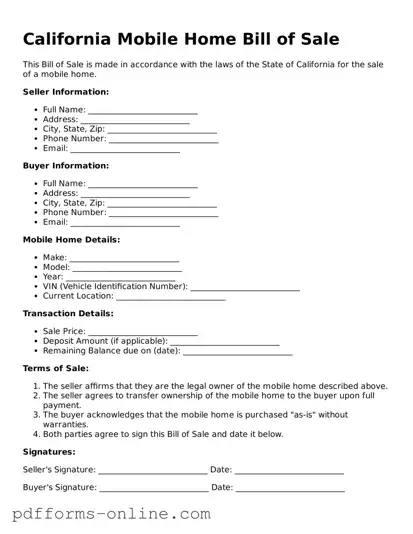 Valid California Mobile Home Bill of Sale Template