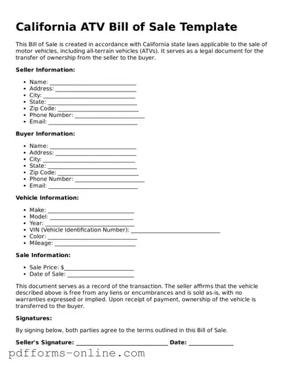 Valid California ATV Bill of Sale Template