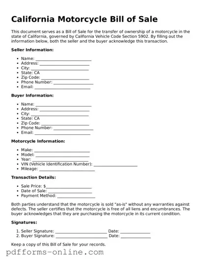 Valid California Motorcycle Bill of Sale Template