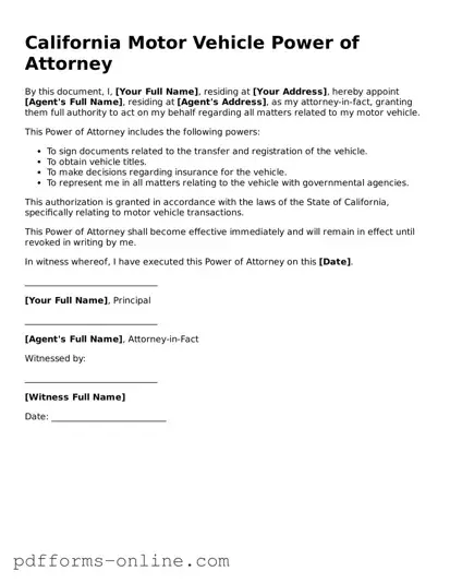 Valid California Motor Vehicle Power of Attorney Template