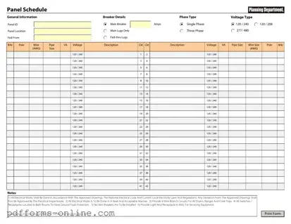 Blank Electrical Panel Schedule Template