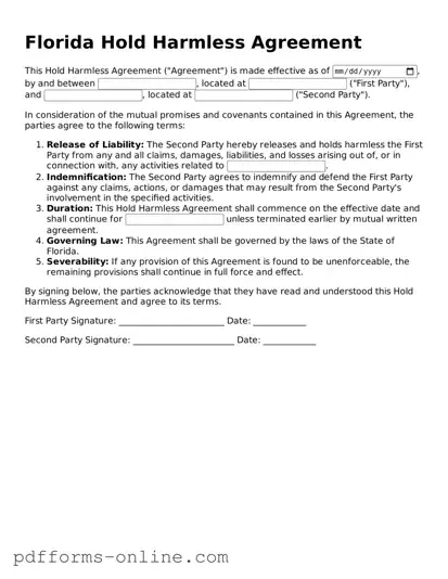 Valid Florida Hold Harmless Agreement Template
