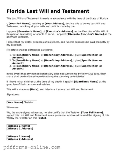 Valid Florida Last Will and Testament Template