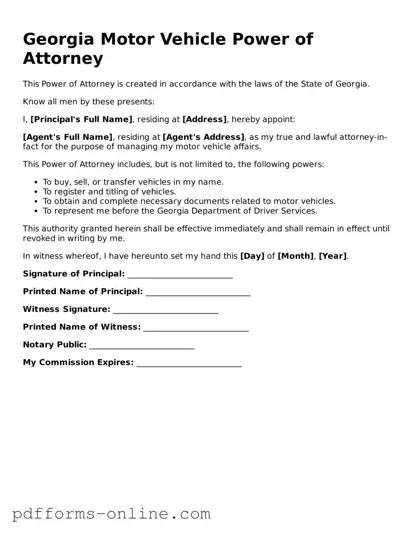 Valid Georgia Motor Vehicle Power of Attorney Template