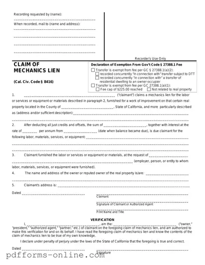 Blank Mechanics Lien California Template