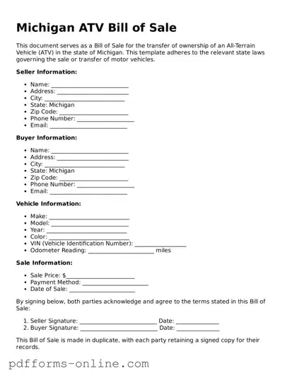 Valid Michigan ATV Bill of Sale Template