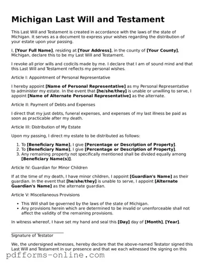 Valid Michigan Last Will and Testament Template