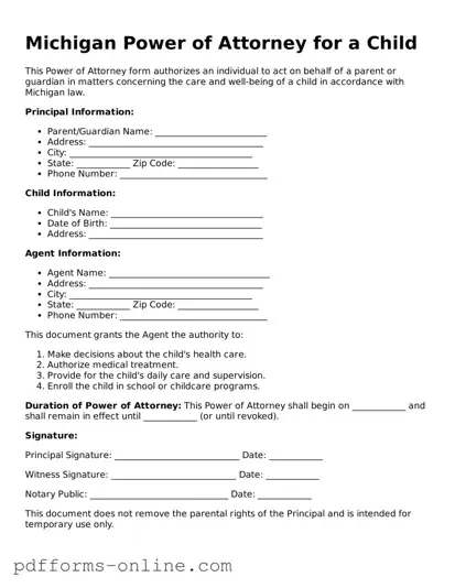 Valid Michigan Power of Attorney for a Child Template