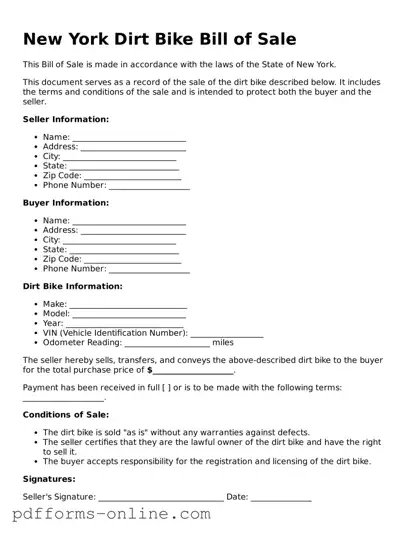 Valid New York Dirt Bike Bill of Sale Template