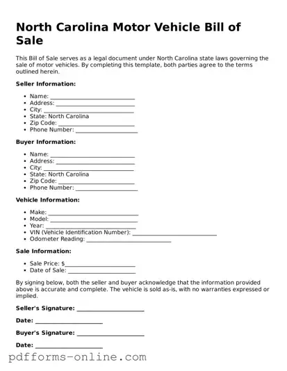 Valid North Carolina Motor Vehicle Bill of Sale Template