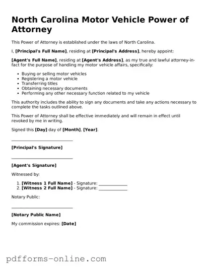 Valid North Carolina Motor Vehicle Power of Attorney Template