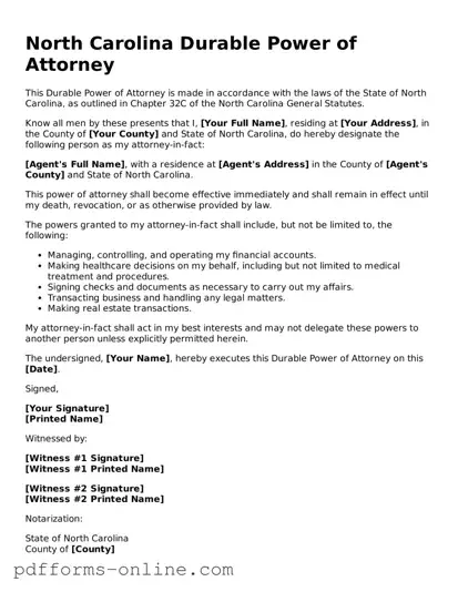 Valid North Carolina Durable Power of Attorney Template