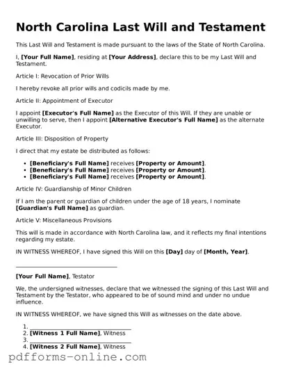 Valid North Carolina Last Will and Testament Template