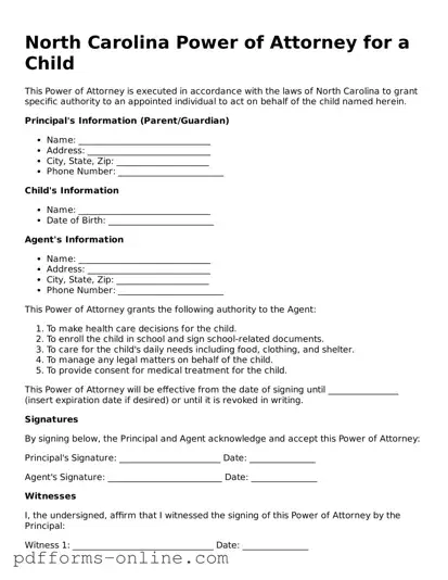 Valid North Carolina Power of Attorney for a Child Template
