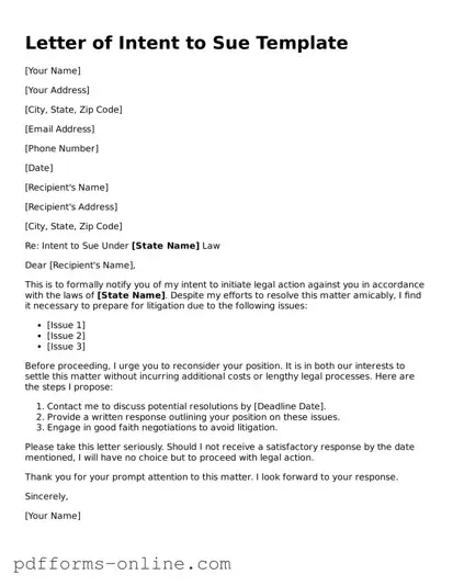Blank Letter of Intent to Sue Form