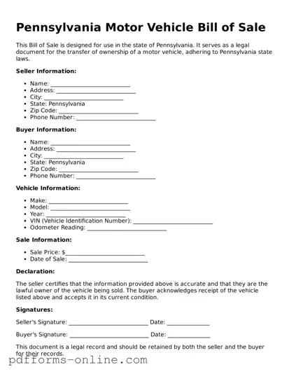 Valid Pennsylvania Motor Vehicle Bill of Sale Template