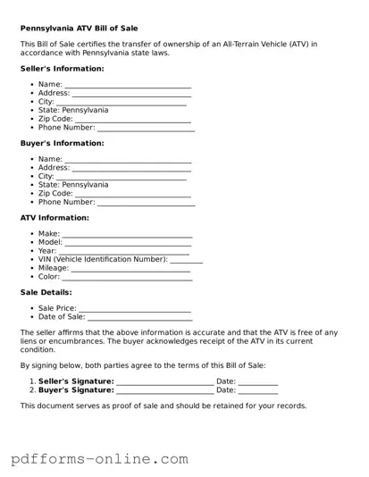 Valid Pennsylvania ATV Bill of Sale Template