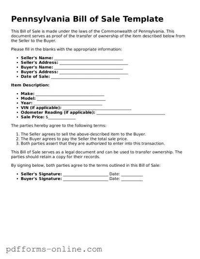 Valid Pennsylvania Bill of Sale Template
