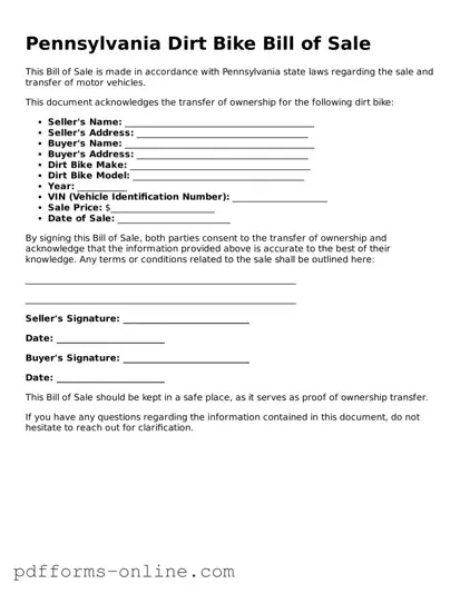 Valid Pennsylvania Dirt Bike Bill of Sale Template