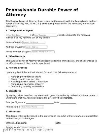 Valid Pennsylvania Durable Power of Attorney Template
