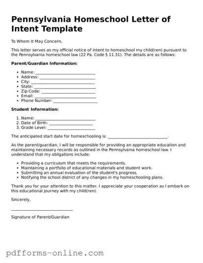 Valid Pennsylvania Homeschool Letter of Intent Template