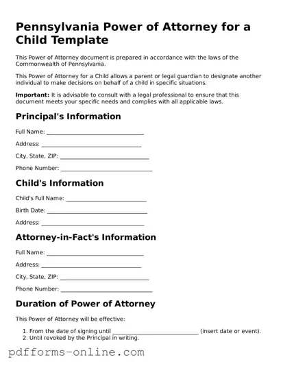 Valid Pennsylvania Power of Attorney for a Child Template