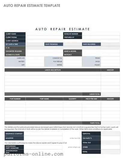 Blank Auto Repair Estimate Template